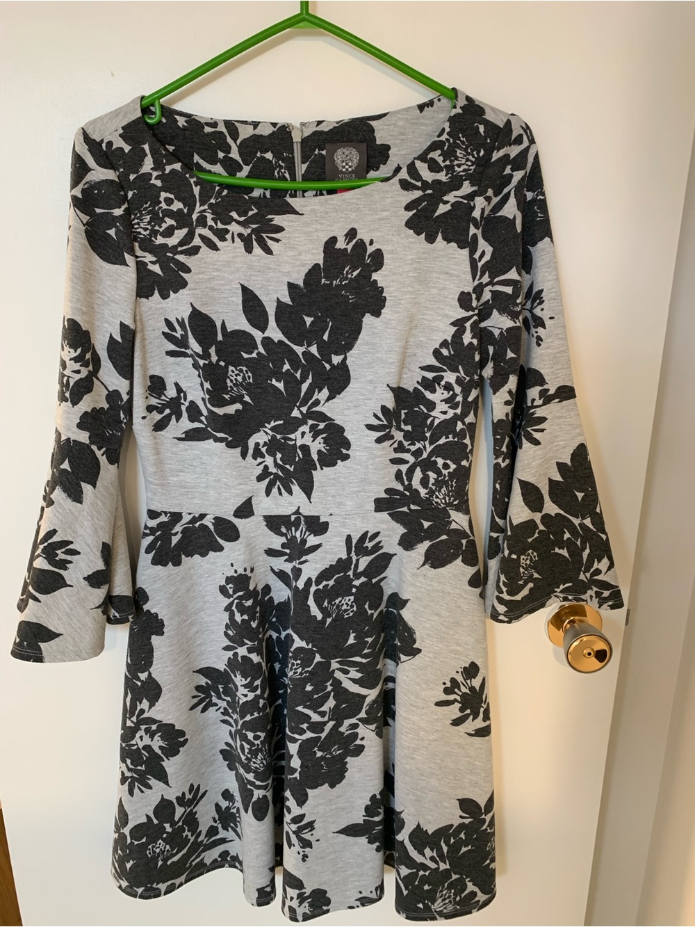 Vince Camuto Gray and Black Floral Long-Sleeve Fit-and-Flare Dress